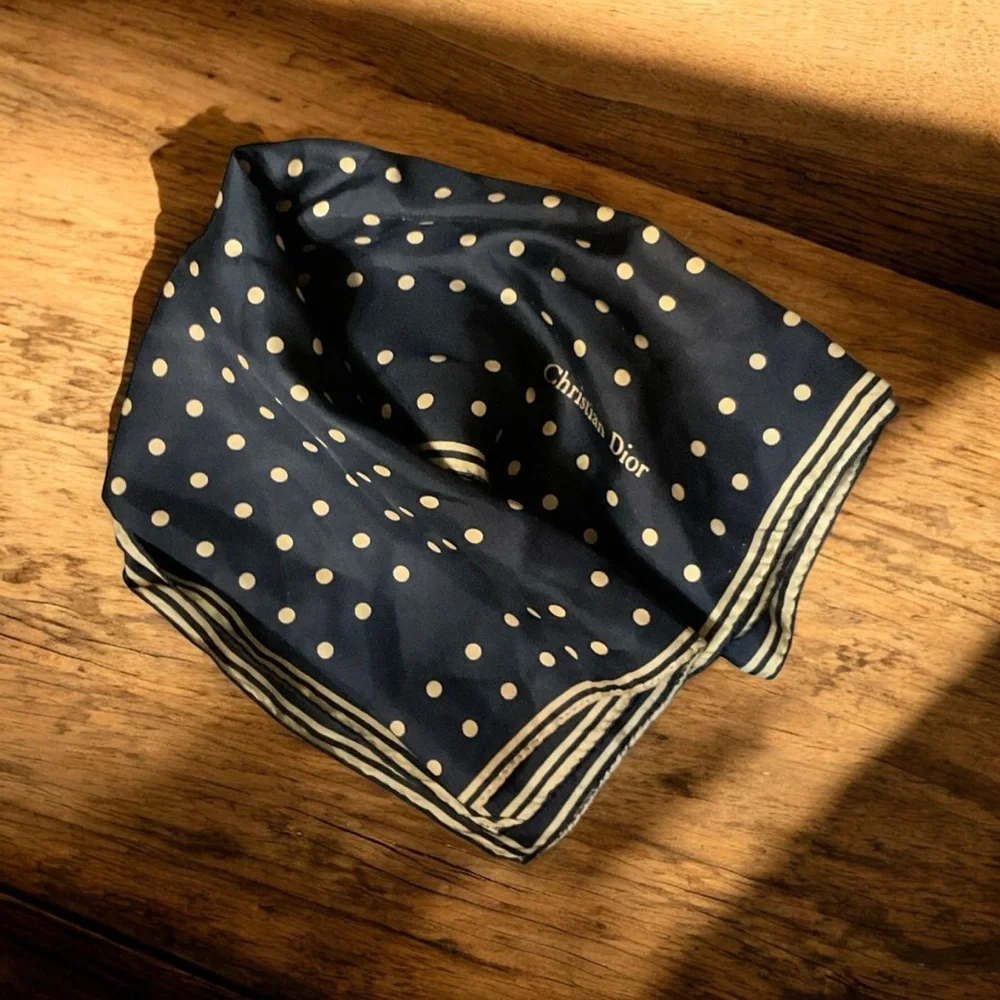 Christian Dior Blue and Gold Polka Dot Scarf
